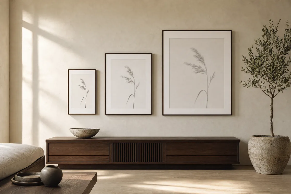 Three framed prints of the same grey botanical grass study hung in a row on a warm plaster wall above a long dark walnut console, the smallest print on the left crisp and detailed and the largest on the right visibly softer, with an olive tree in a stone pot at the right