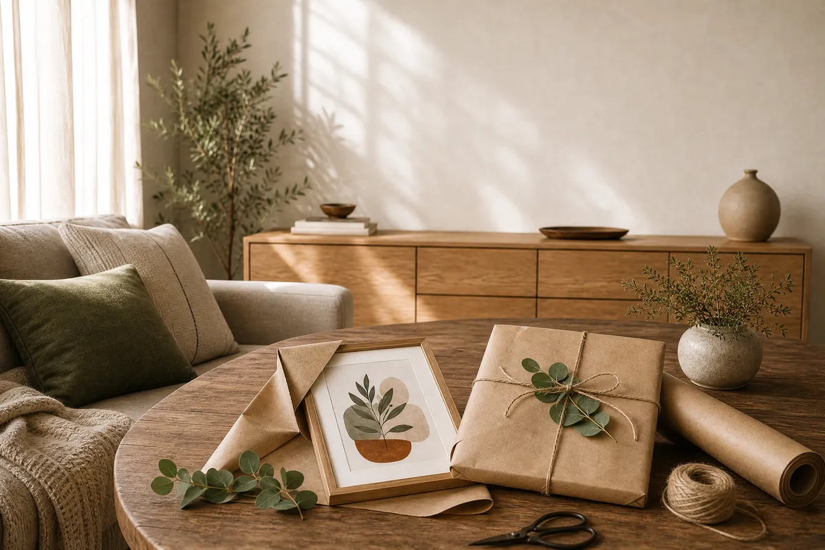 A wrapped framed art print with kraft paper and twine partially open on a wooden table, revealing a botanical print in an oak frame beside a sprig of dried flowers
