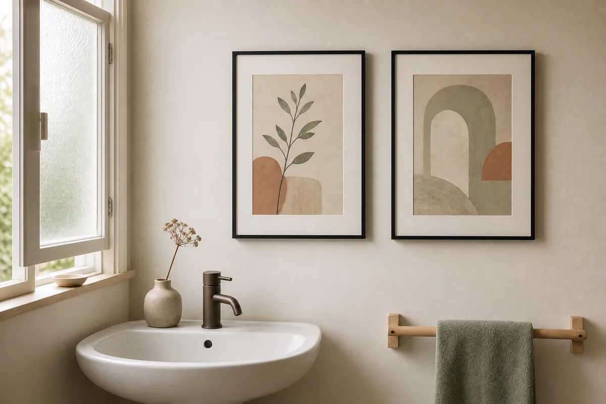 A small bathroom wall beside a white basin, with two prints in slim black frames and wide white mounts hung at eye level well away from the shower, one a soft botanical stem study and one a muted abstract arch, daylight coming through an open frosted window and a folded sage towel on a birch rail