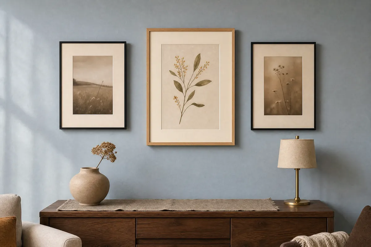 AI-generated interior vignette illustrating the guide "Brown and Blue Is This Fall's Palette. Here's What to Hang on the Wall."
