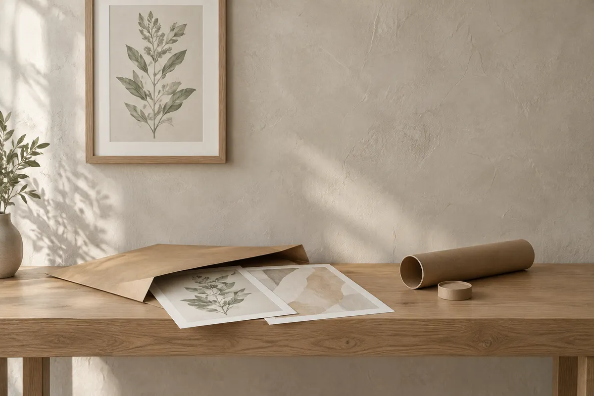 An opened plain kraft paper parcel on a pale oak console with two unframed paper art prints sliding out of it, a plain kraft postal tube lying beside it with its cap off, and above on a chalk plaster wall one pale oak framed botanical print already hung with bare wall waiting beside it