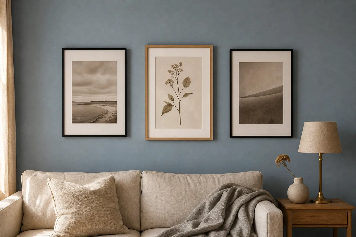 A living-room wall painted a soft mid-tone neutral blue, with three framed prints hung in a row at eye level, a botanical stem study in pale oak and two warm-toned black and white photographs in slim black frames, low afternoon daylight, a cream linen sofa and a small brass lamp below