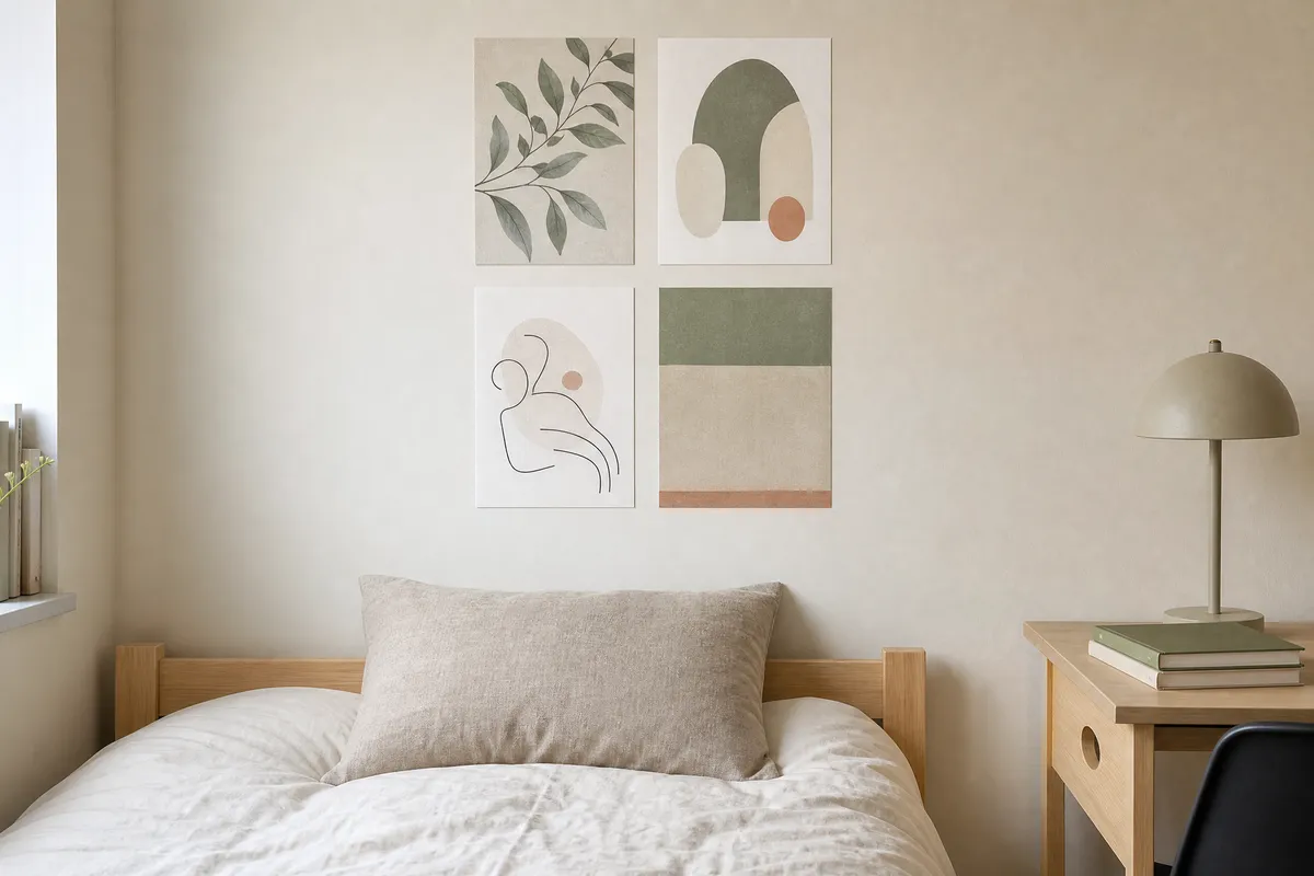 A small dorm room wall above a single bed with a plain cream duvet, showing four unframed prints in muted sage and warm neutral tones arranged in a loose two-by-two block, with a study desk and lamp to one side and daylight from a single window