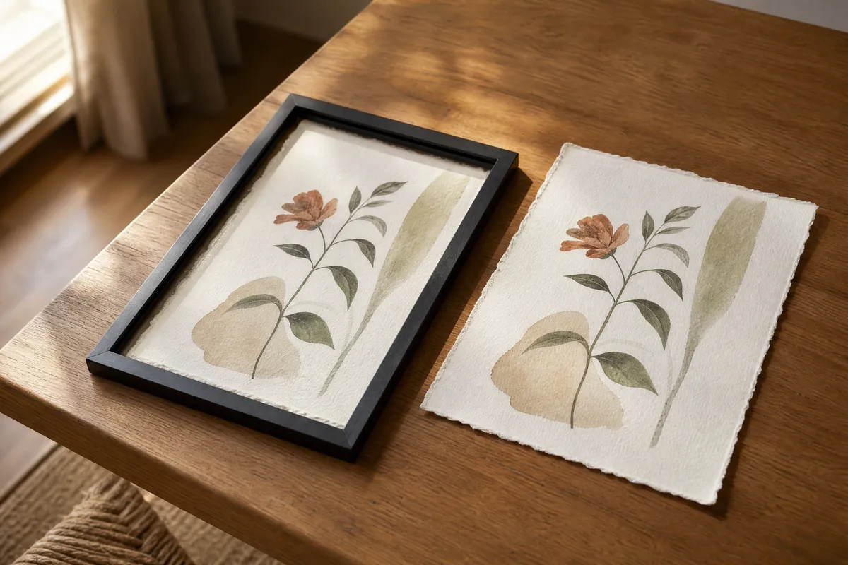 AI-generated interior vignette illustrating the guide "Etsy's Print Partner Has a Name. Its Own Catalogue Says the Frame Hides 6.35 mm Per Edge."