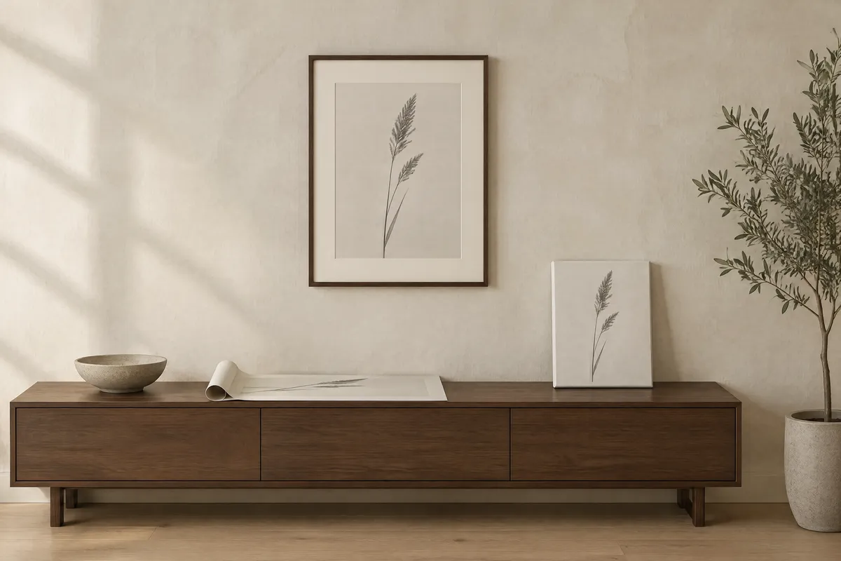 A framed black and white botanical print of a single grass stem hanging on a pale plaster wall above a long dark walnut console, with the same picture lying unframed as a loose paper print on the console and standing propped against the wall as a small matte canvas, and an olive tree in a stoneware pot at the right
