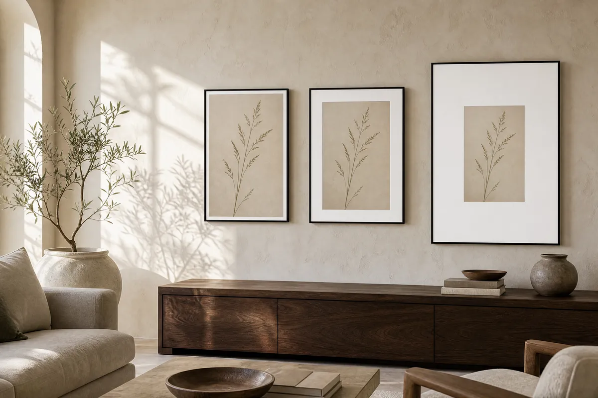 AI-generated interior vignette illustrating the guide "How Wide Should a Mat Be? One Framer's Own Pages Give Four Different Answers"