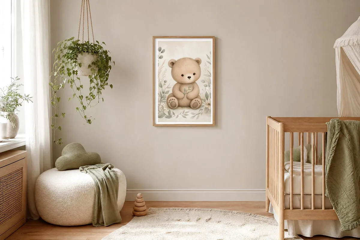 A nursery photographed from the doorway: an oak-framed pencil-and-wash bear print hangs alone on a bare putty-coloured wall, a trailing pothos in a macrame hanger and a boucle pouffe with a sage cushion stand under the window on the left, and a slatted oak cot sits at the right-hand edge with the wall above it empty
