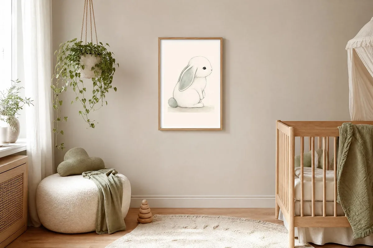 A nursery photographed from the doorway: an oak-framed pencil drawing of a lop-eared rabbit hangs alone on a bare putty-coloured wall, a trailing pothos in a macrame hanger and a boucle pouffe with a sage cushion sit under the window on the left, and a slatted oak cot stands at the right-hand edge of the frame with the wall above it completely empty