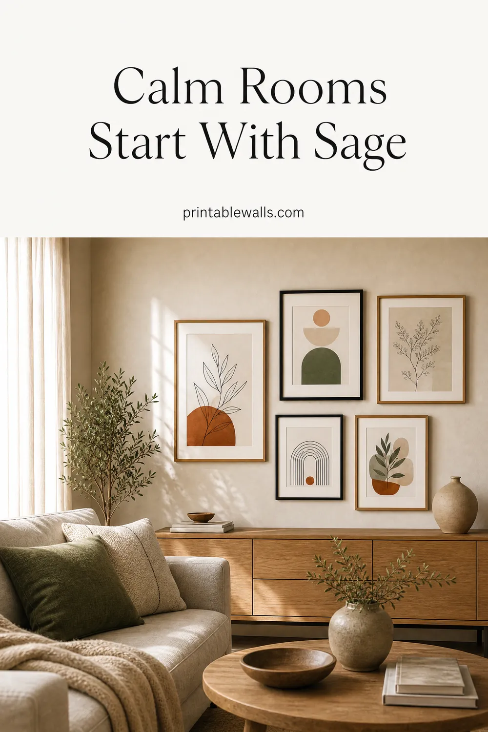 Pinterest pin 2 for this guide: AI-generated styled interior photo with the title text overlaid and the printablewalls.com wordmark