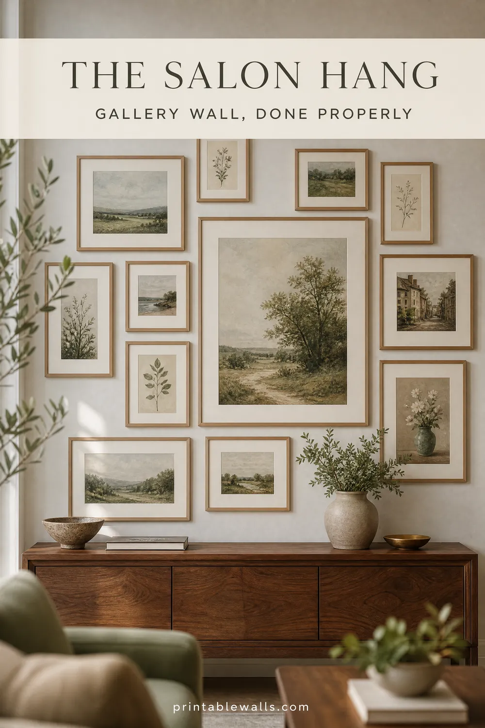 Pinterest pin 1 for this guide: AI-generated styled interior photo with the title text overlaid and the printablewalls.com wordmark