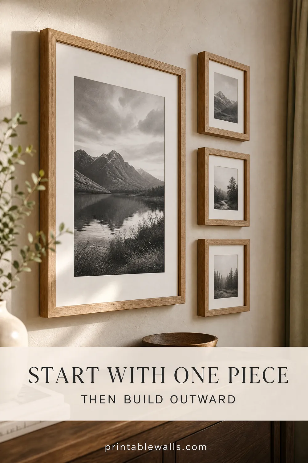 Pinterest pin 2 for this guide: AI-generated styled interior photo with the title text overlaid and the printablewalls.com wordmark