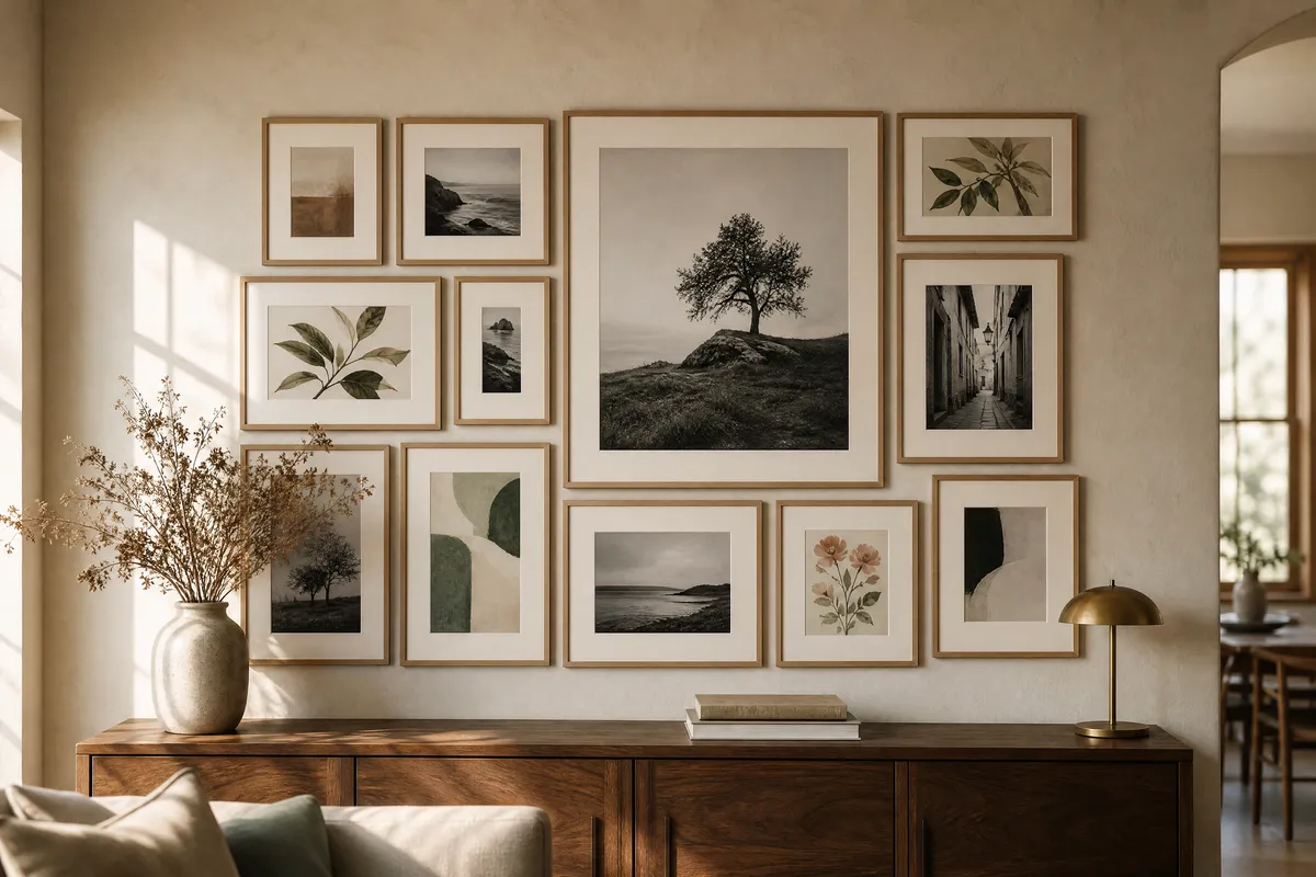 AI-generated interior vignette illustrating the guide "The Salon Hang: How to Build a Gallery Wall That Looks Collected, Not Bought"