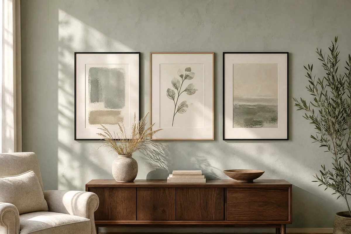 A pale silvery sage wall in soft afternoon daylight with three framed prints hung in a row, a botanical stem study in a pale oak frame between two quiet abstracts in slim black frames, a cream linen chair and a stoneware vase of dried grasses below