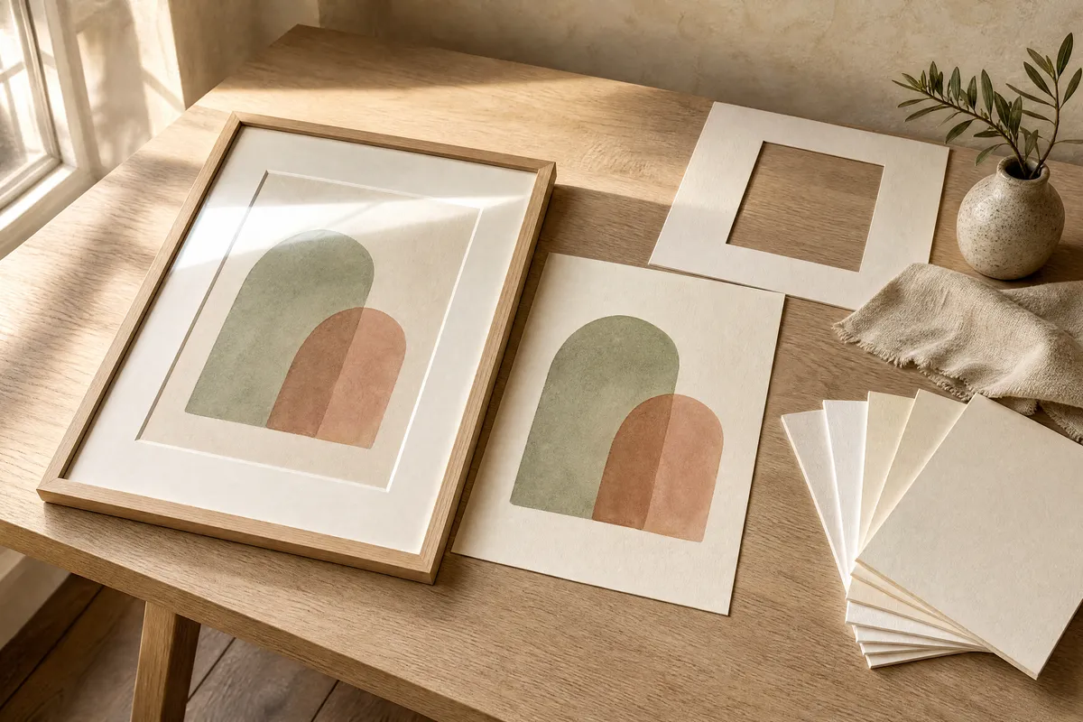 A framed print resting on a pale oak table beside the tools that decide how it will look: a stack of paper swatches fanned to show matte and satin surfaces, a wide off-white mat board with a bevelled opening, a slim black frame lying face-up with its glass reflecting a soft window, and a folded linen cloth, in low-angle morning light that rakes across the sheets and makes the sheen difference visible